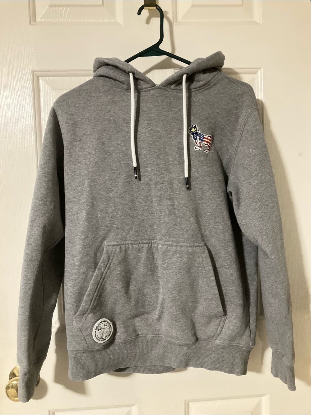 Men's Gray Pullover Hoodie with Patriotic Dog Embroidery